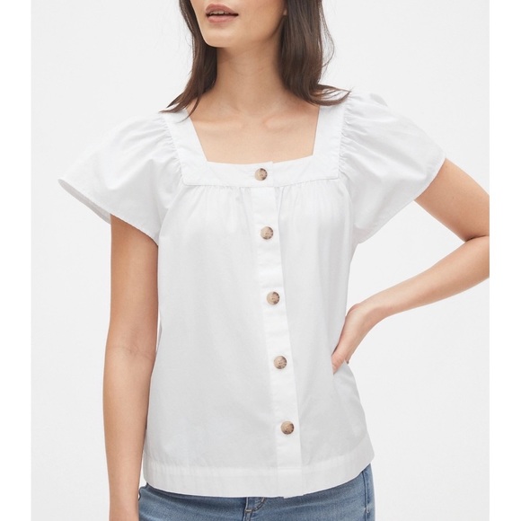 GAP | Crisp Ditsy FLORAL Square Neckline Short Flare Sleeves Button Placket Top - Picture 13 of 14